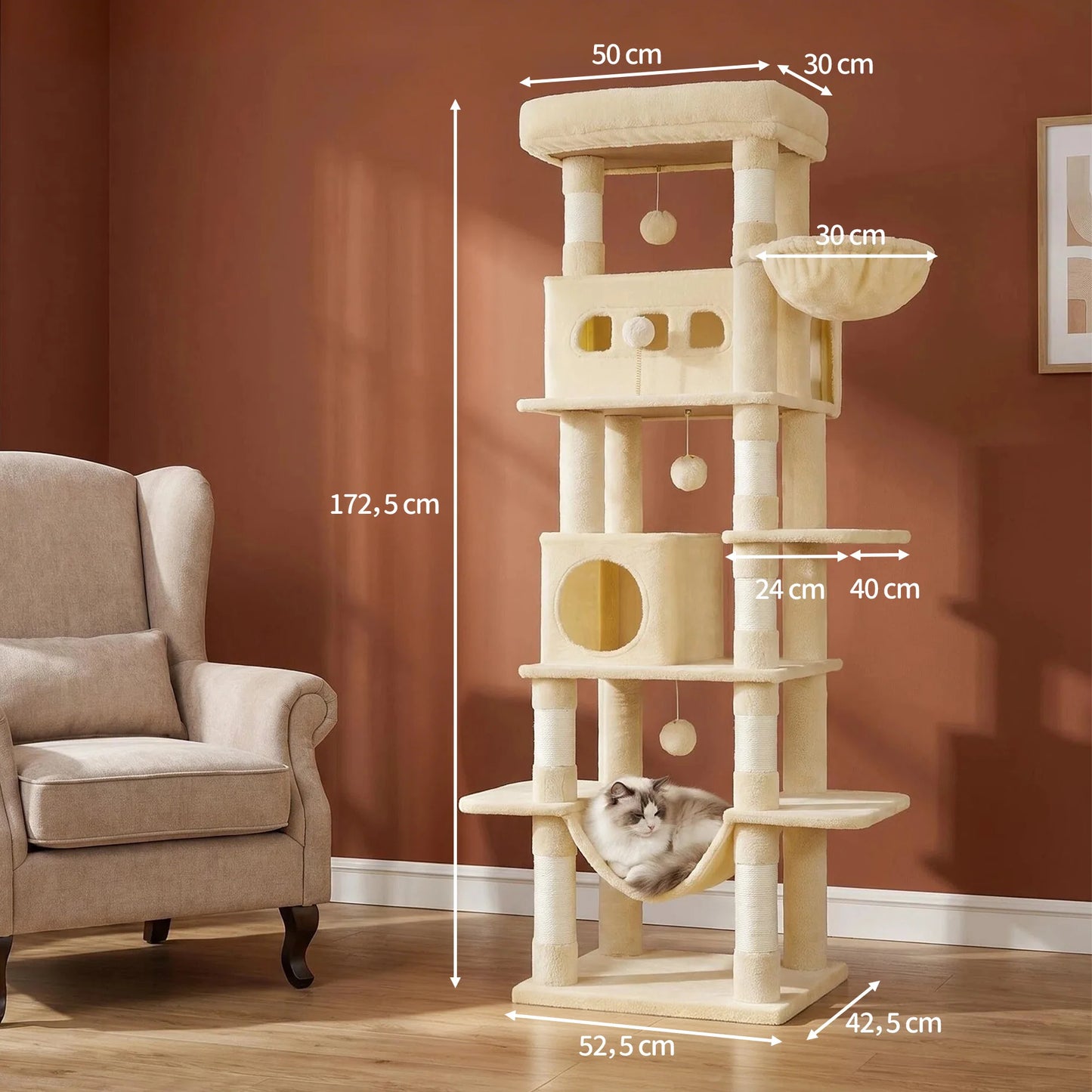 Villa Verticale XL 170 cm pour Chats – Arbre à Chat Multi-Niveaux