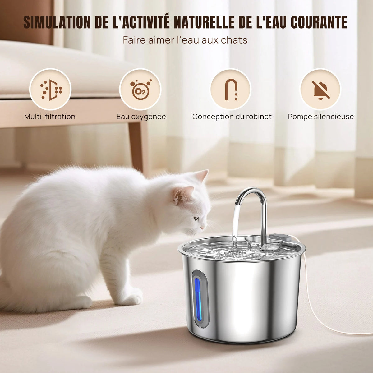 Fontaine à eau inox — 2,2L pour chien et chat Pets Lover Store