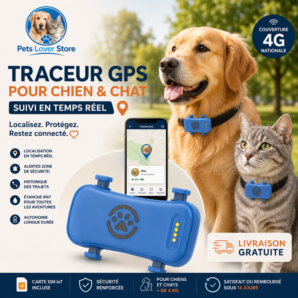 Traceur GPS 4G pour chien et chat Pets Lover Store