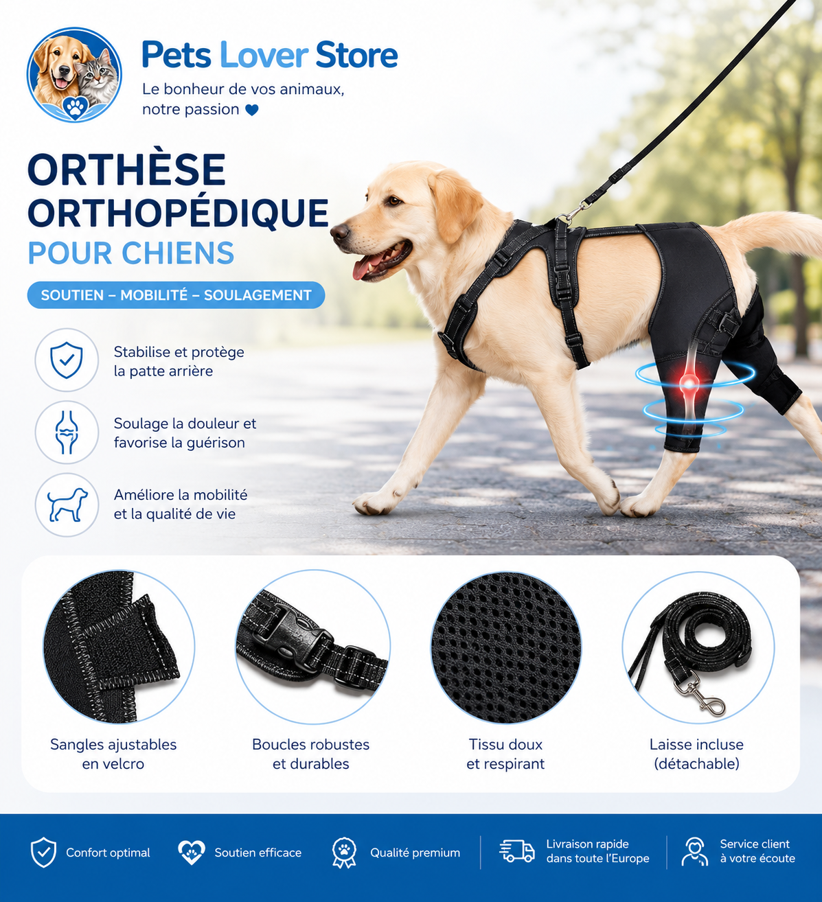 Orthèse de genou pour chien — Mobilité, stabilité et récupération