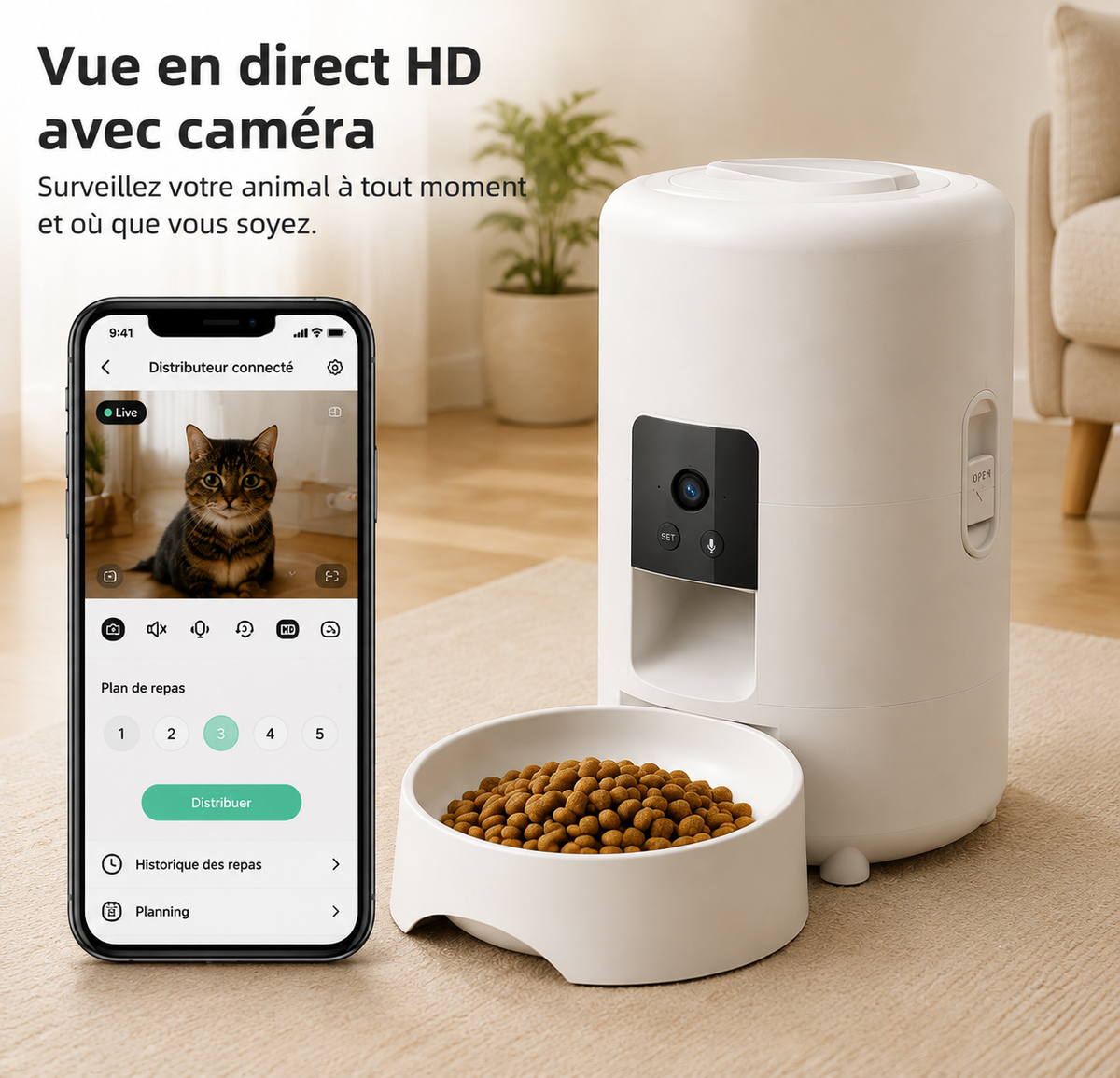 Distributeur automatique de croquettes connecté 2L avec caméra Pets Lover Store